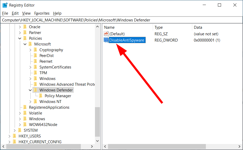 Ключ DisableAntiSpyware в реестре