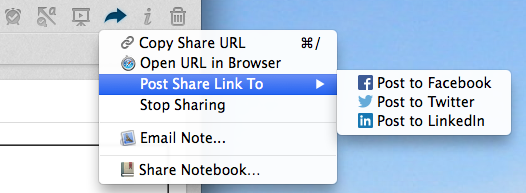 Меню совместного доступа в Evernote