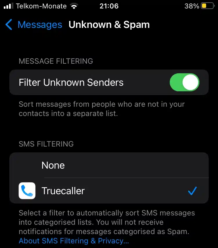 Truecaller Nachrichtenfilter Einstellungen