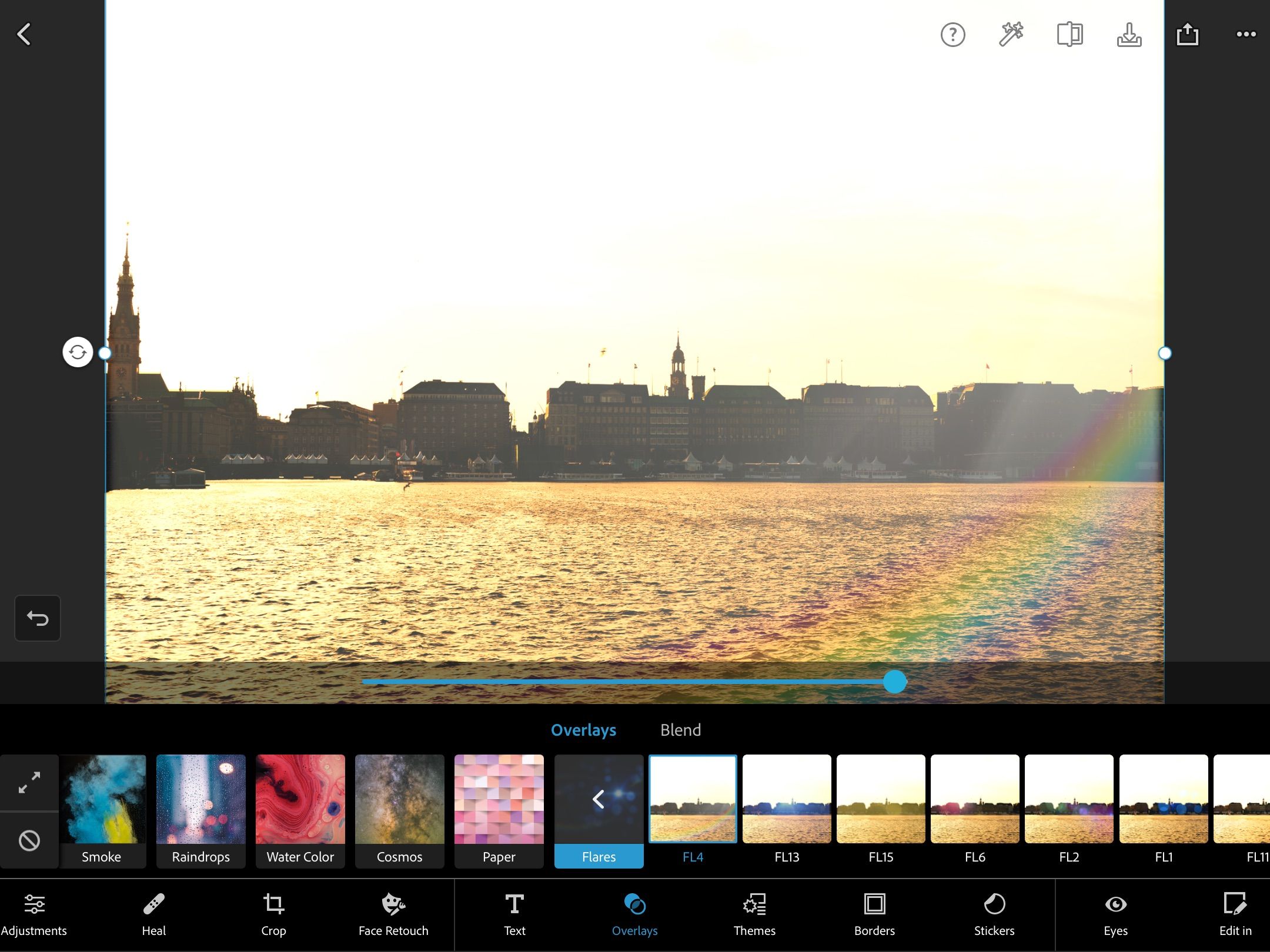 Применённый блик в Photoshop Express с возможностью редактирования положения и интенсивности
