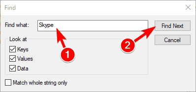 Поле поиска в редакторе реестра с запросом Skype