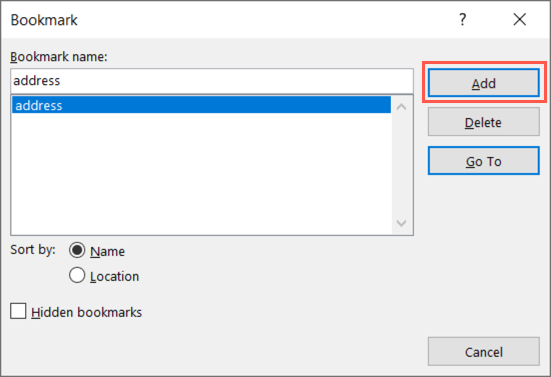Окно добавления закладки