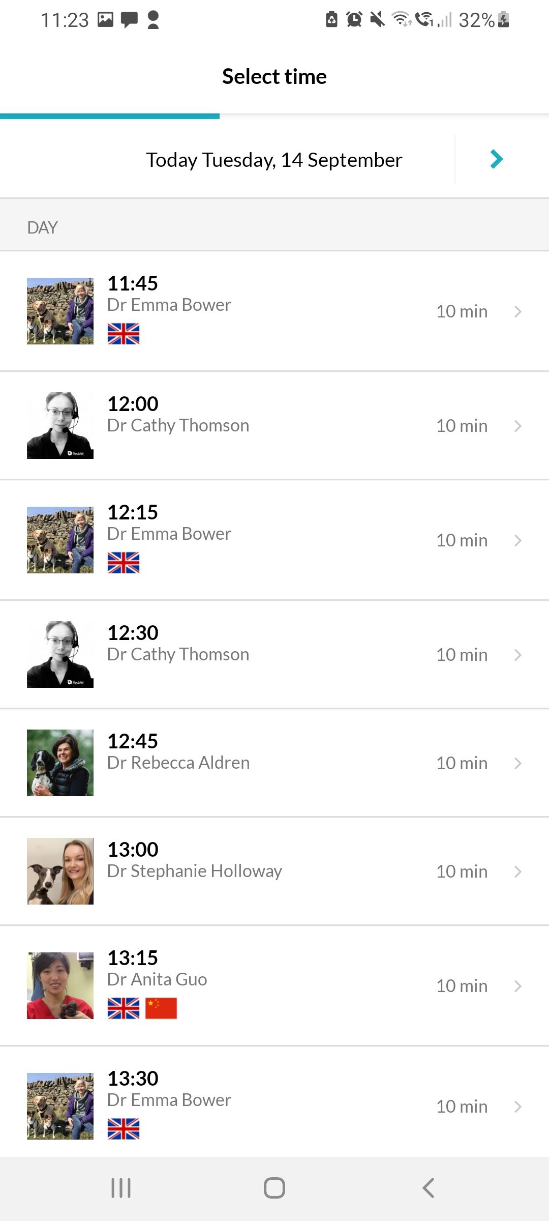 Choose an appointment time on FirstVet for Android