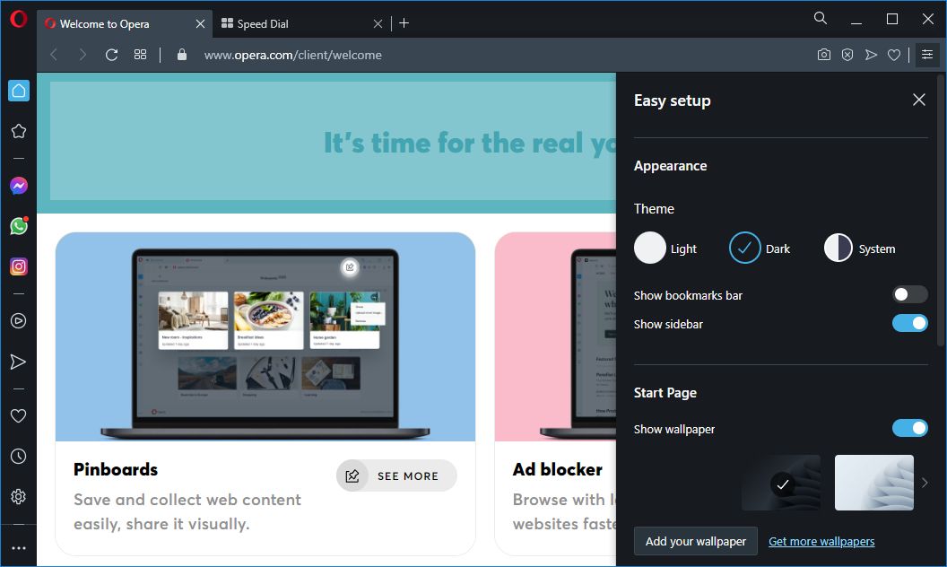 Opera: тёмная тема интерфейса