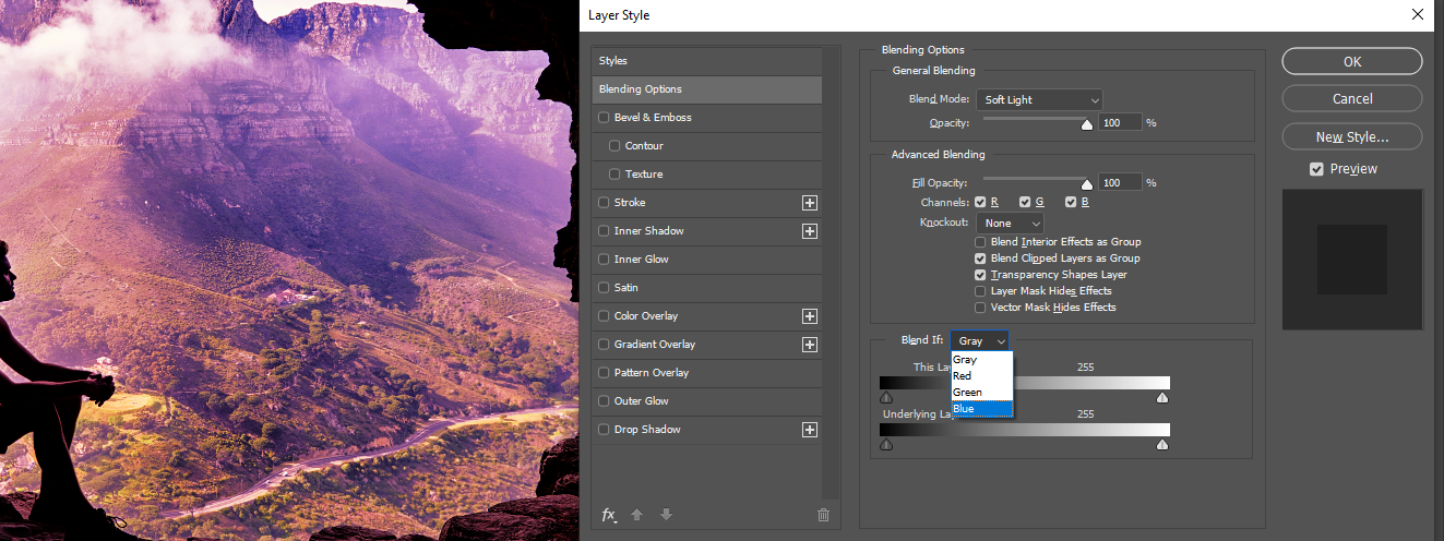 Выбор канала Blue в Blend If для синего оттенка