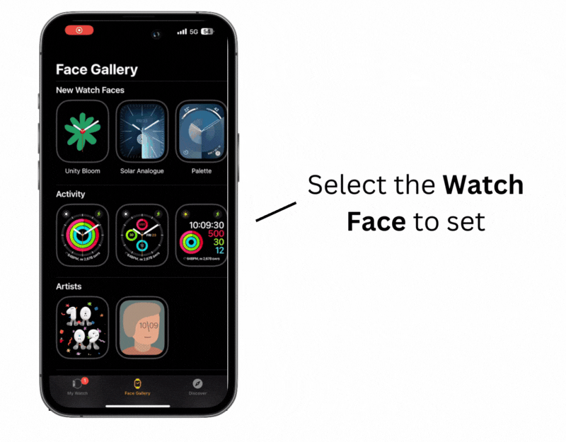 Выбор циферблата в Face Gallery на iPhone