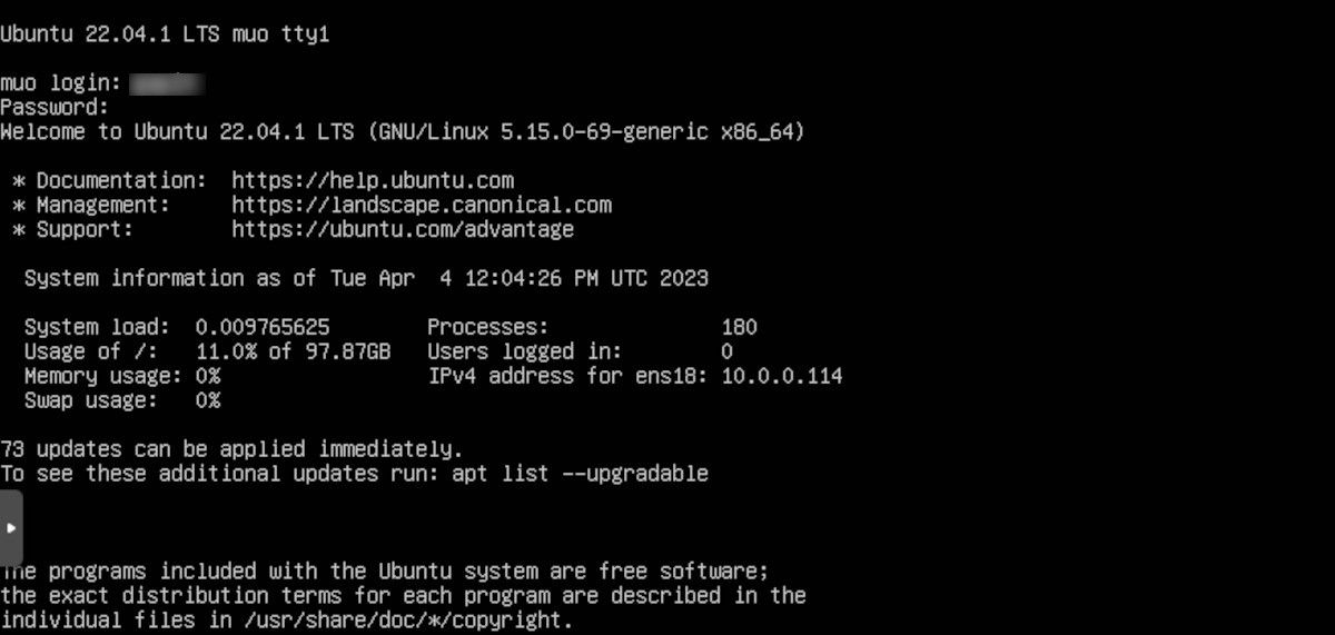 Страница входа установленного Ubuntu Server