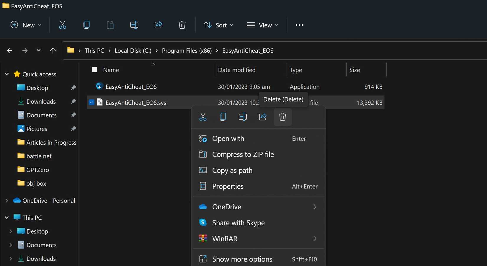 Удаление файла EasyAntiCheat.sys в Проводнике Windows
