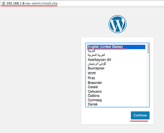 Выбор языка установки WordPress