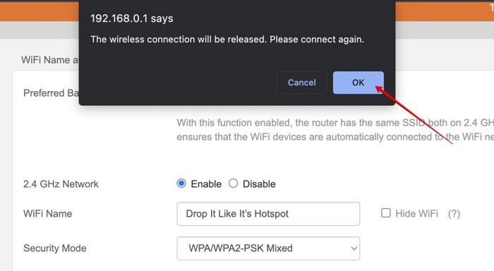 Подтвердить изменения параметров беспроводной сети