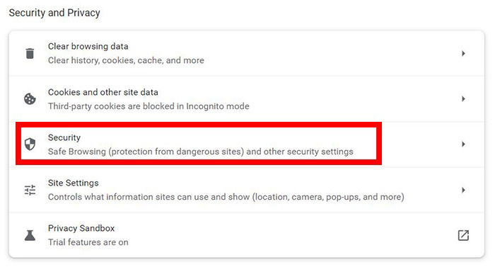 Пункт безопасности в настройках Chrome