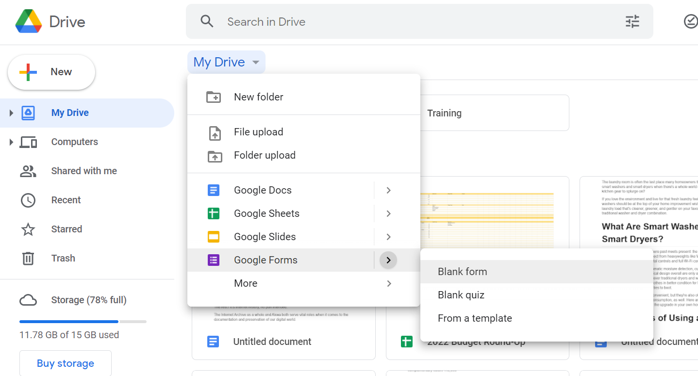 Создание новой формы в Google Forms, экран 'Новая форма'