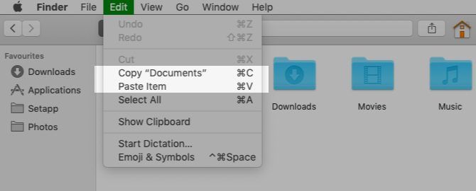 Copy and paste menu options in Finder on Mac
