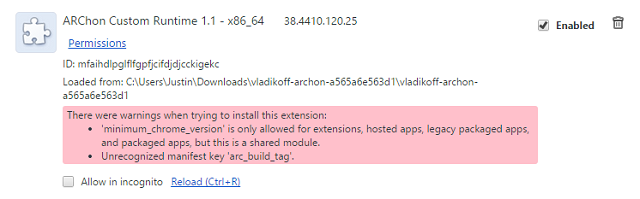 Загрузка распакованного расширения ARChon в Chrome