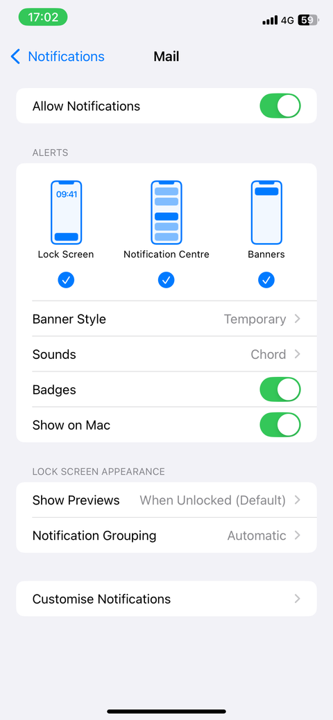 Настройки уведомлений для Почты