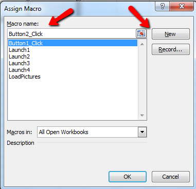 Окно присвоения макроса кнопке в Excel