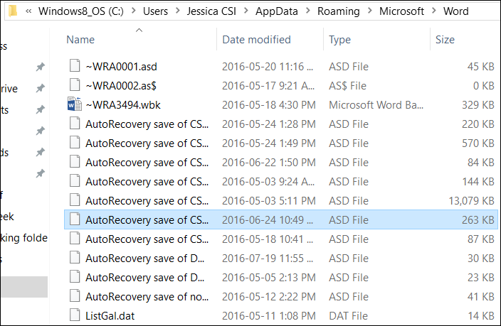 Скриншот папки с автосохранёнными файлами Word в AppData