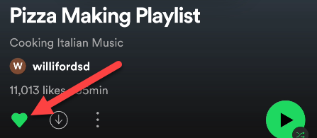 Иконка зелёного сердечка для отписки от плейлиста.