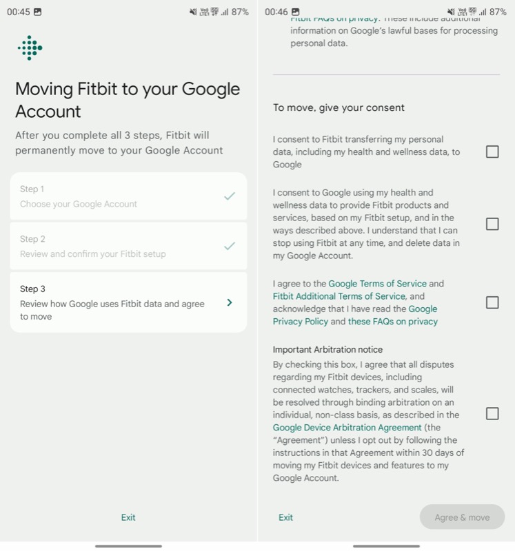 Подтверждение согласия на передачу данных Fitbit в аккаунт Google