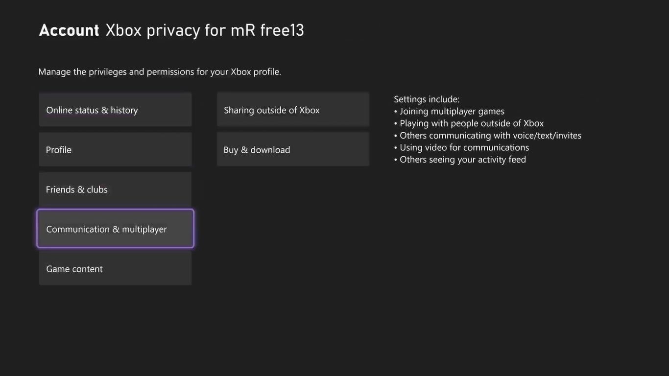 Параметры Конфиденциальности Xbox с выделенным Коммуникация и мультиплеер