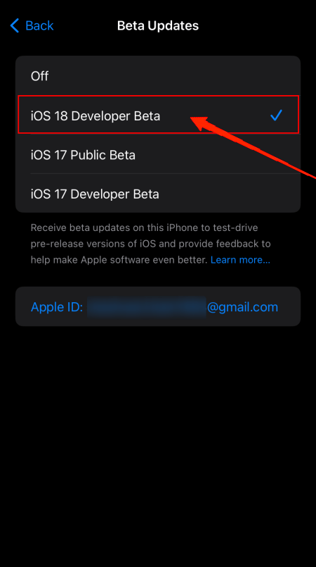 Проверьте опцию iOS 18 Beta в разделе обновлений.