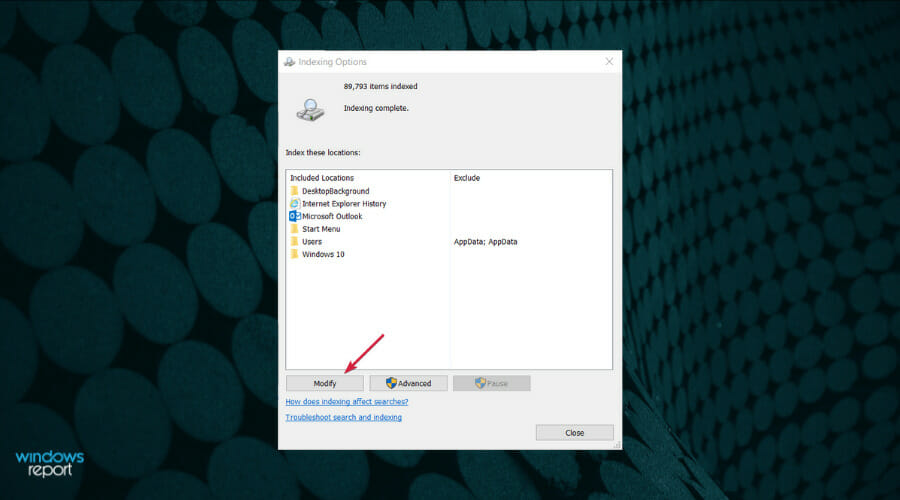 Кнопка Изменить для выбора включаемых мест
