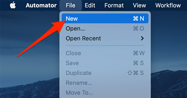 Выбор Файл > Новый в Automator