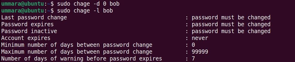 Истечение срока пароля с помощью chage