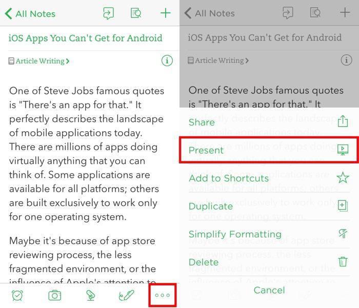 Режим презентации в Evernote Mobile — меню «Ещё»