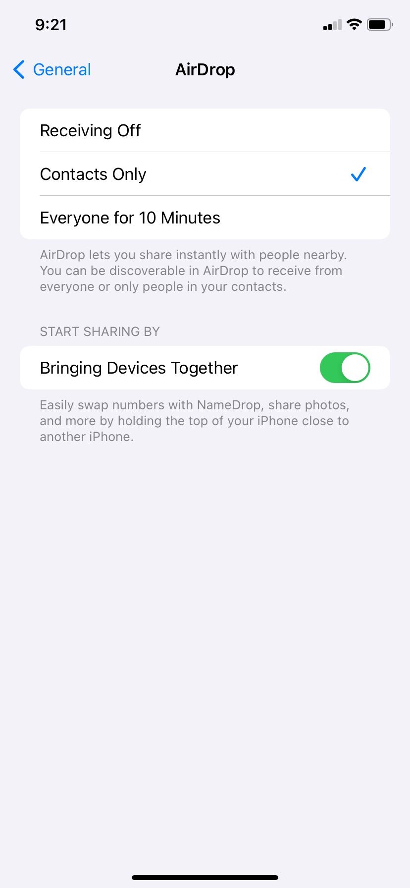 iOS AirDrop Settings open