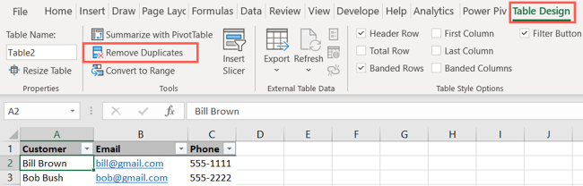 На вкладке «Конструктор таблиц» нажмите «Удалить дубликаты»