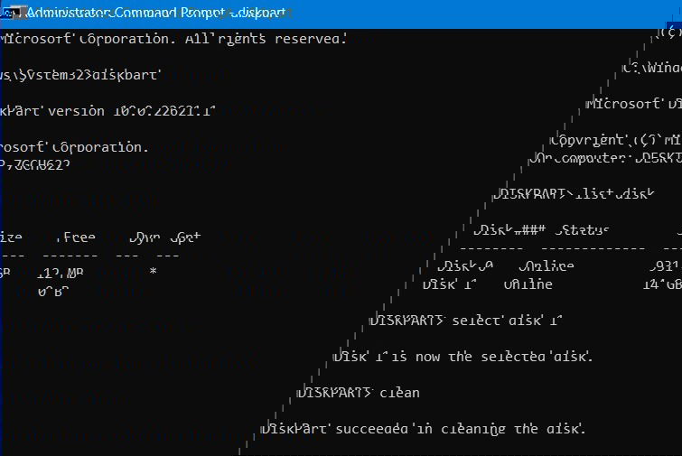 Команды DiskPart: list disk и clean для полной очистки USB.