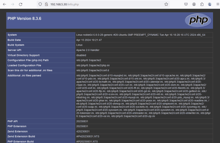 Страница phpinfo: описание версии PHP и модулей