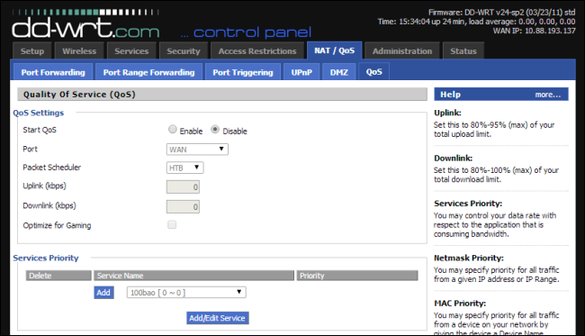 Интерфейс DD-WRT с настройками QoS и приоритезацией трафика