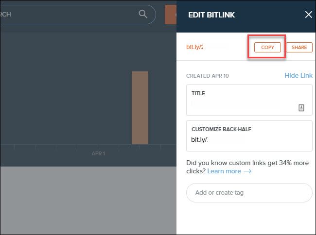 Кнопка копирования в интерфейсе Bitly