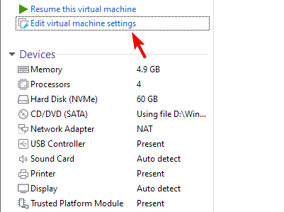 Редактирование настроек виртуальной машины
