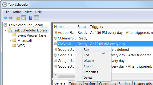 Запуск задачи в Планировщике и выполнение GMVault