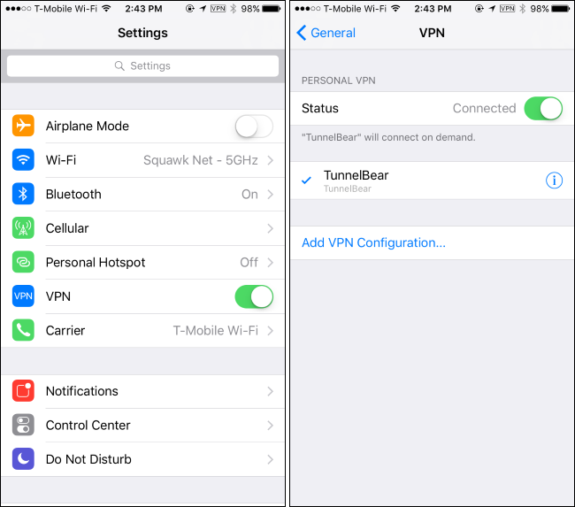 Строка состояния iOS с индикатором VPN