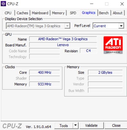 Окно CPU-Z на вкладке Graphics с информацией о видеокарте