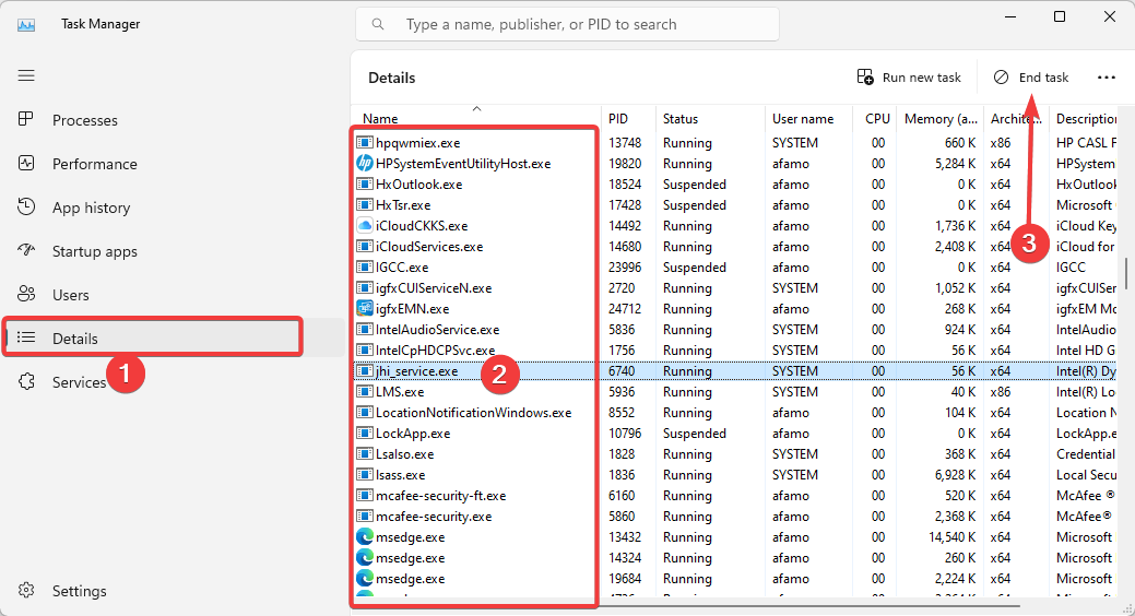 Диспетчер задач: завершение процесса на вкладке Подробности
