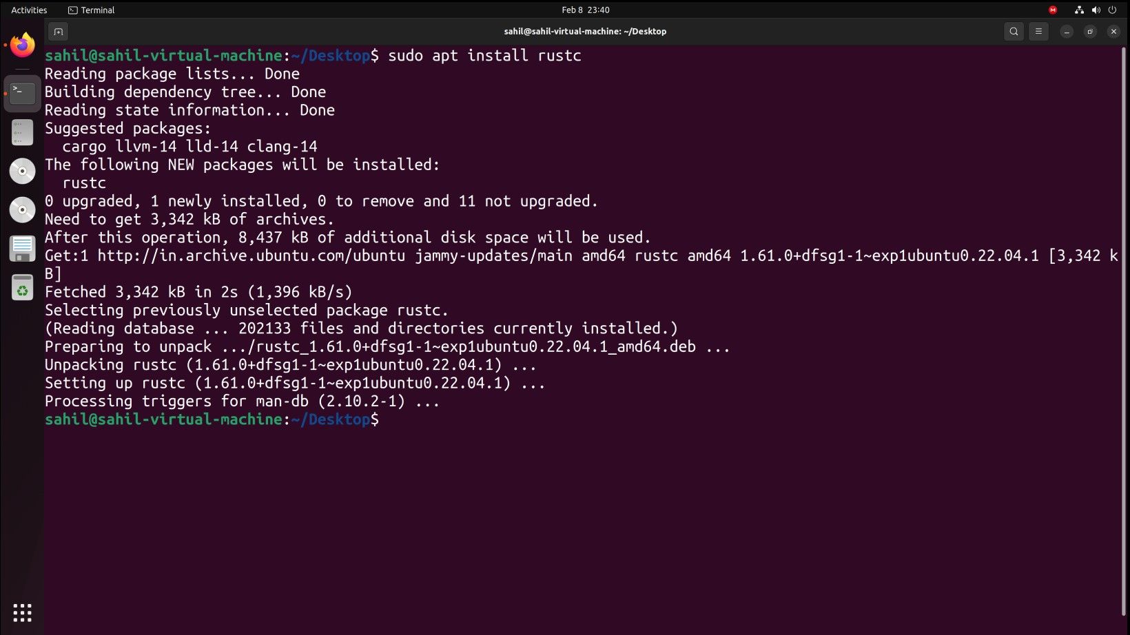 Окно терминала Ubuntu с фрагментом установки пакета