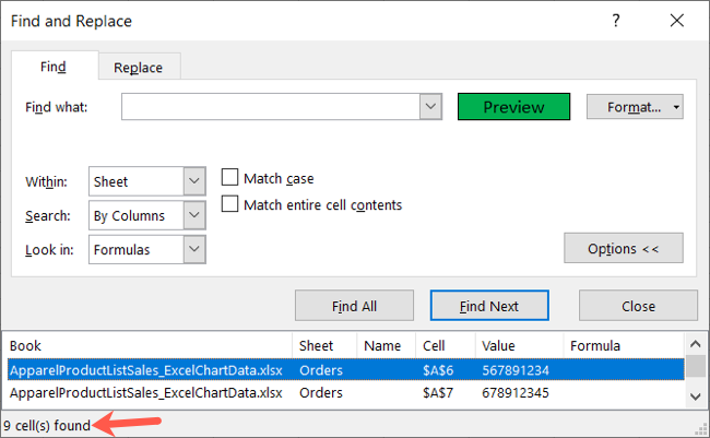 Результаты поиска: список найденных ячеек и счётчик