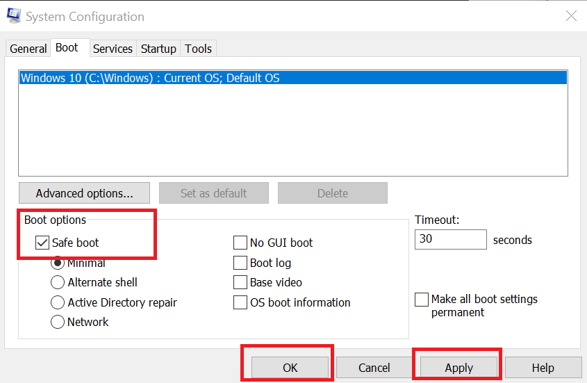 Скриншот: опции безопасной загрузки в msconfig