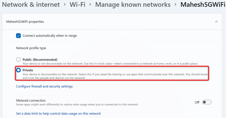 Параметр типа сети: выбран 'Частная'