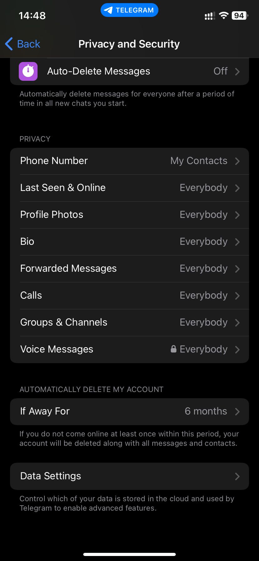 Telegram privacy and security menu