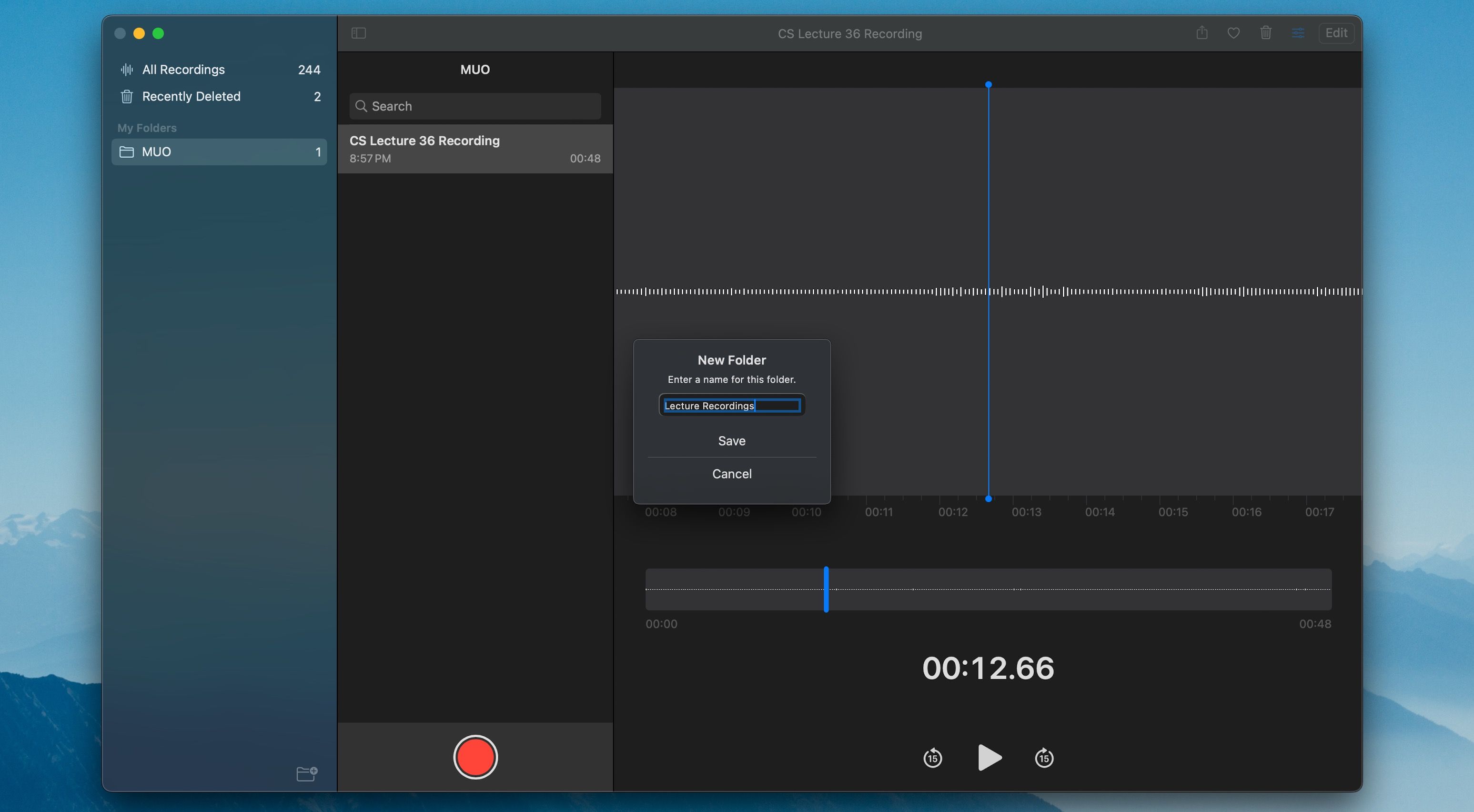 macOS Voice Memos app with the option to create a new folder