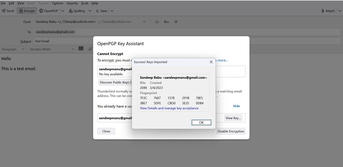 Скриншот подтверждения импортированного публичного ключа