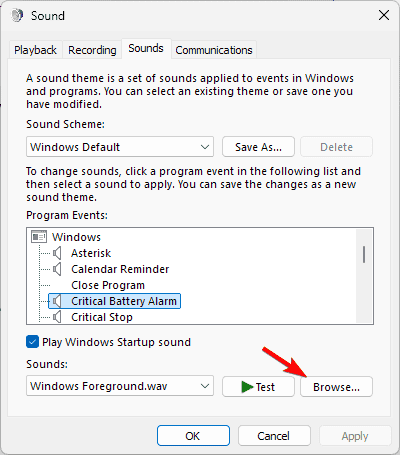 Диалог выбора файла .wav для звука события