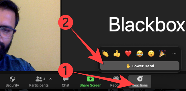 Выберите кнопку Reactions и затем опцию Lower Hand, чтобы опустить руку в настольном приложении Zoom.