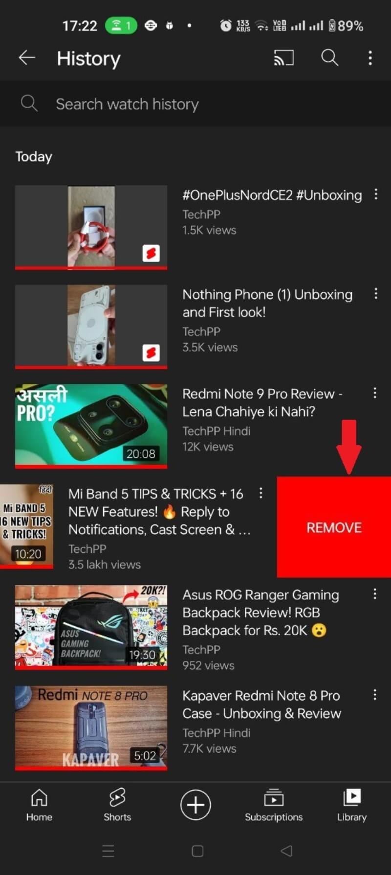 Action Supprimer pour une vidéo de l'historique sur Android